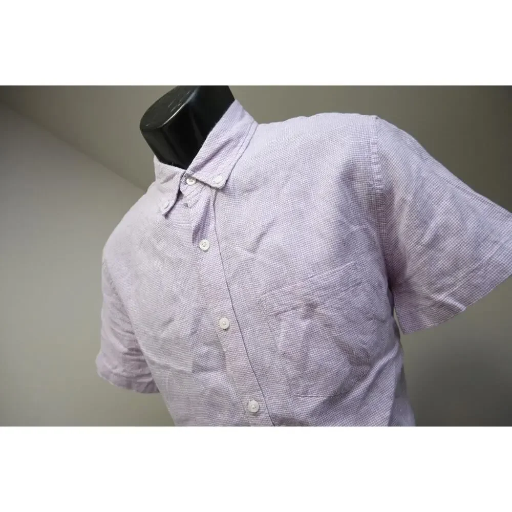 J Crew Button Up Dress Shirt Linen Blend Casual Plaid Short Sleeve Mens Medium